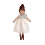 Toy doll with a white dress and brown hair on a white background
