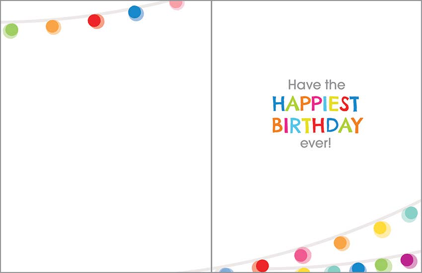 Birthday card with colorful string lights and 'Have the Happiest Birthday ever!' text.