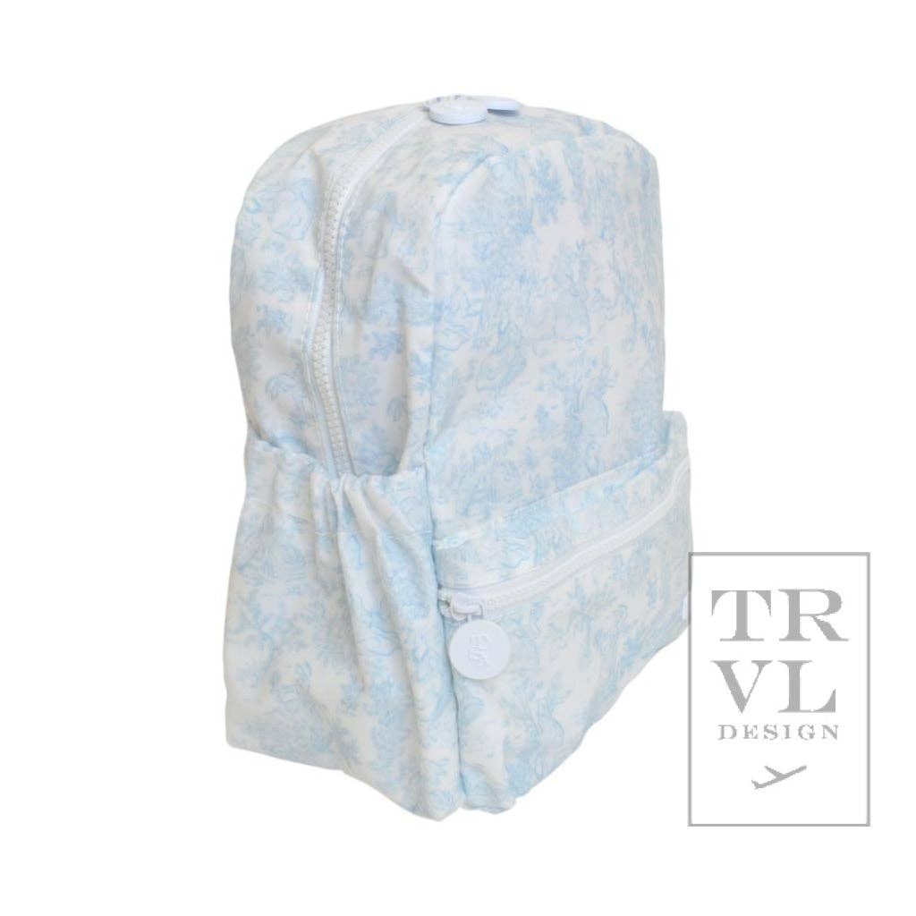 Light blue patterned backpack with white details on a white background, featuring the TRVL Design logo.
