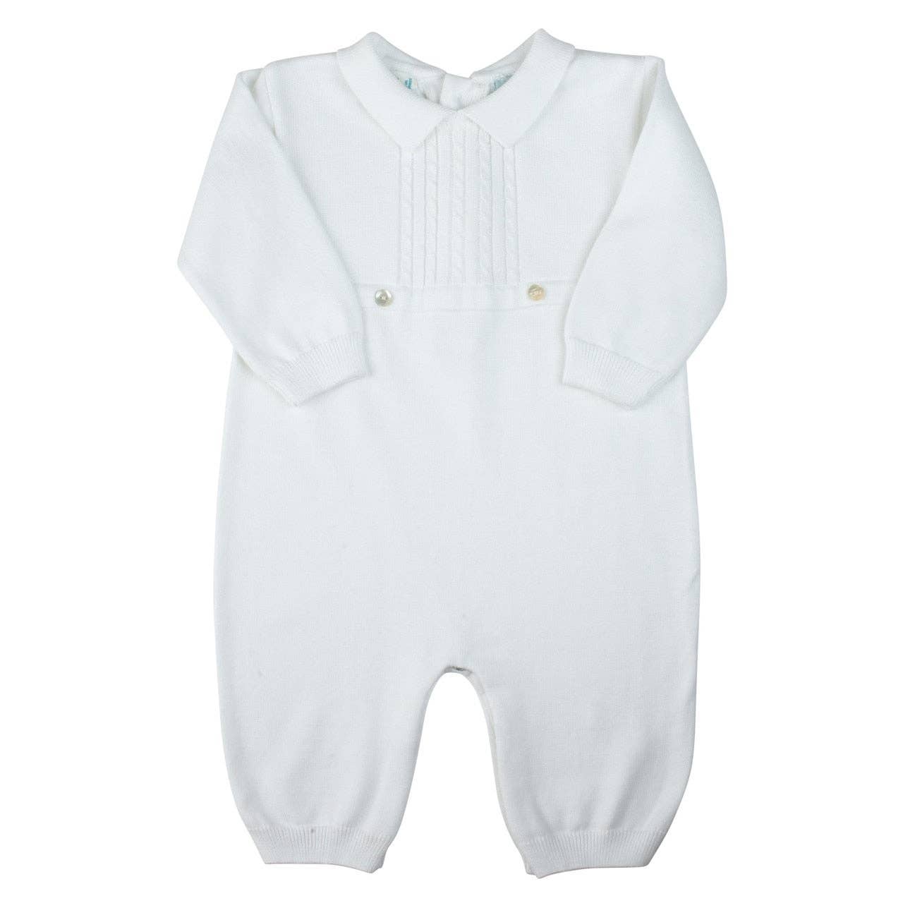 White baby romper with buttons on a white background