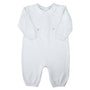 White baby romper with buttons on a white background