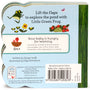 Back cover of a children's book with illustrations and text about exploring the pond with Little Green Frog.