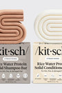 Two 'kitsch' rice water protein solid shampoo and conditioner bars on a light gray background.