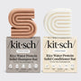 Two 'kitsch' rice water protein solid shampoo and conditioner bars on a light gray background.