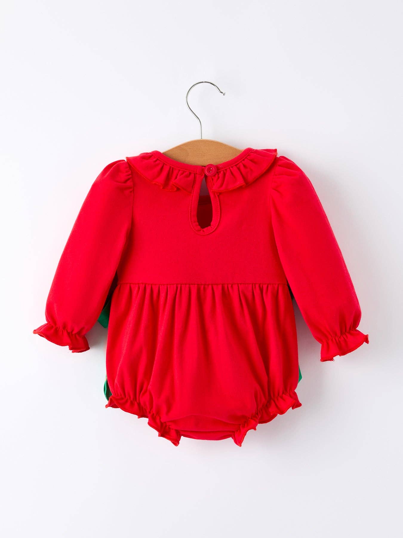 Rylee Faith Designs - Christmas Smocked Girls Romper with Green Bow and Tree Embroidery