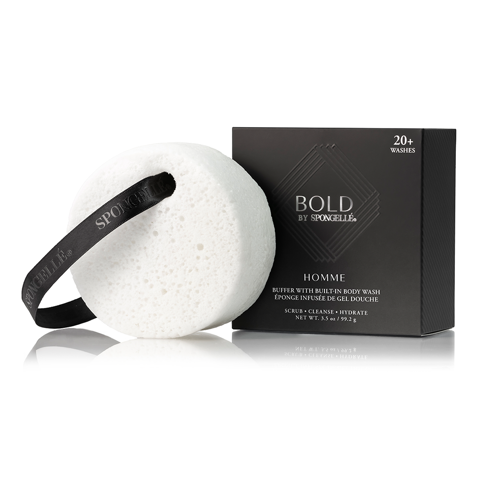White bath bomb with black band and packaging labeled 'Bold by Soliele' on a white background