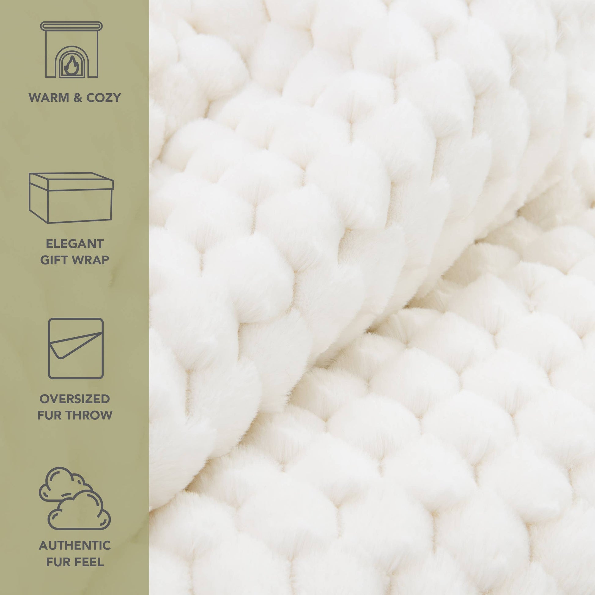 Close-up of a white fur throw with text describing its features on the left.