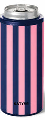Navy and pink striped drink cooler sleeve around silver can with Katydid logo