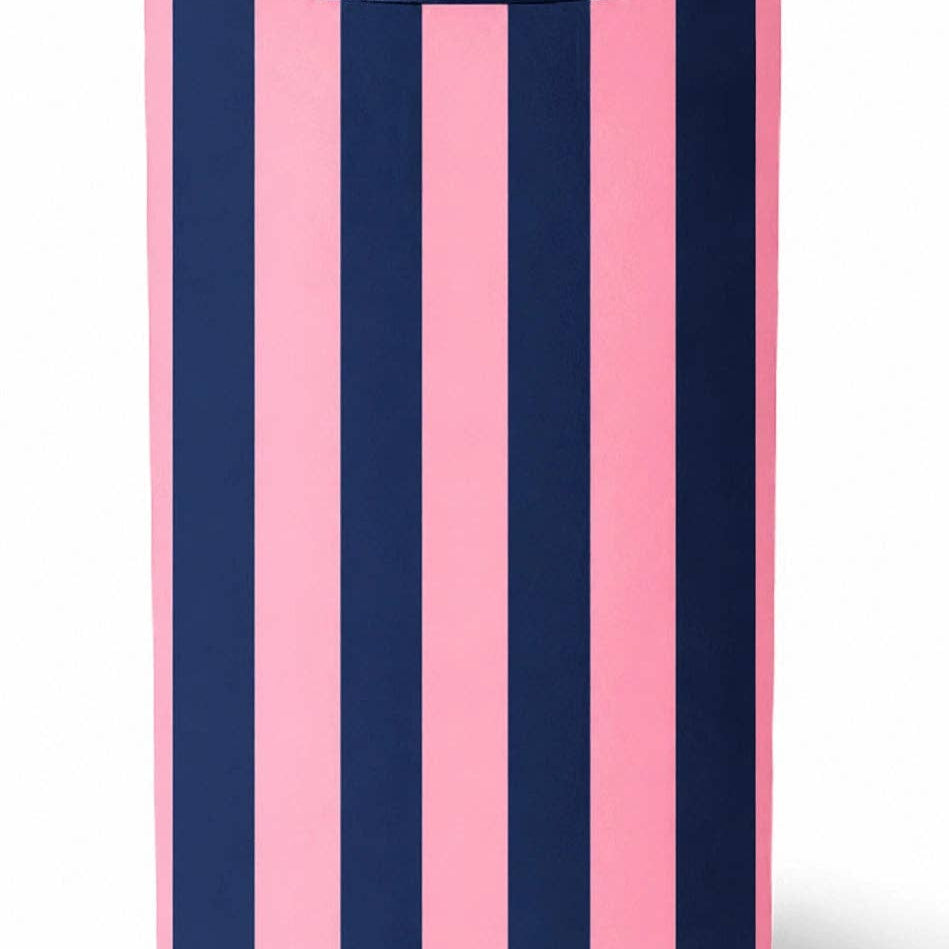 Navy and pink striped drink cooler sleeve around silver can with Katydid logo