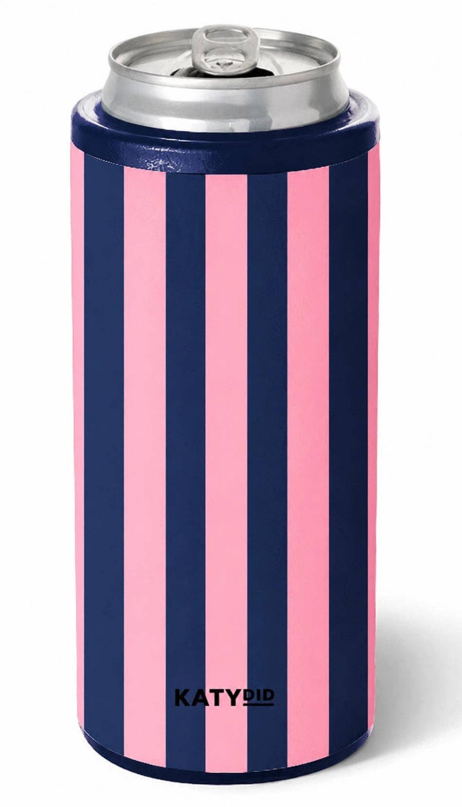 Navy and pink striped drink cooler sleeve around silver can with Katydid logo