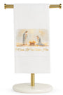 White hemstitched hand towel with multi-color religious print and script, 20x28