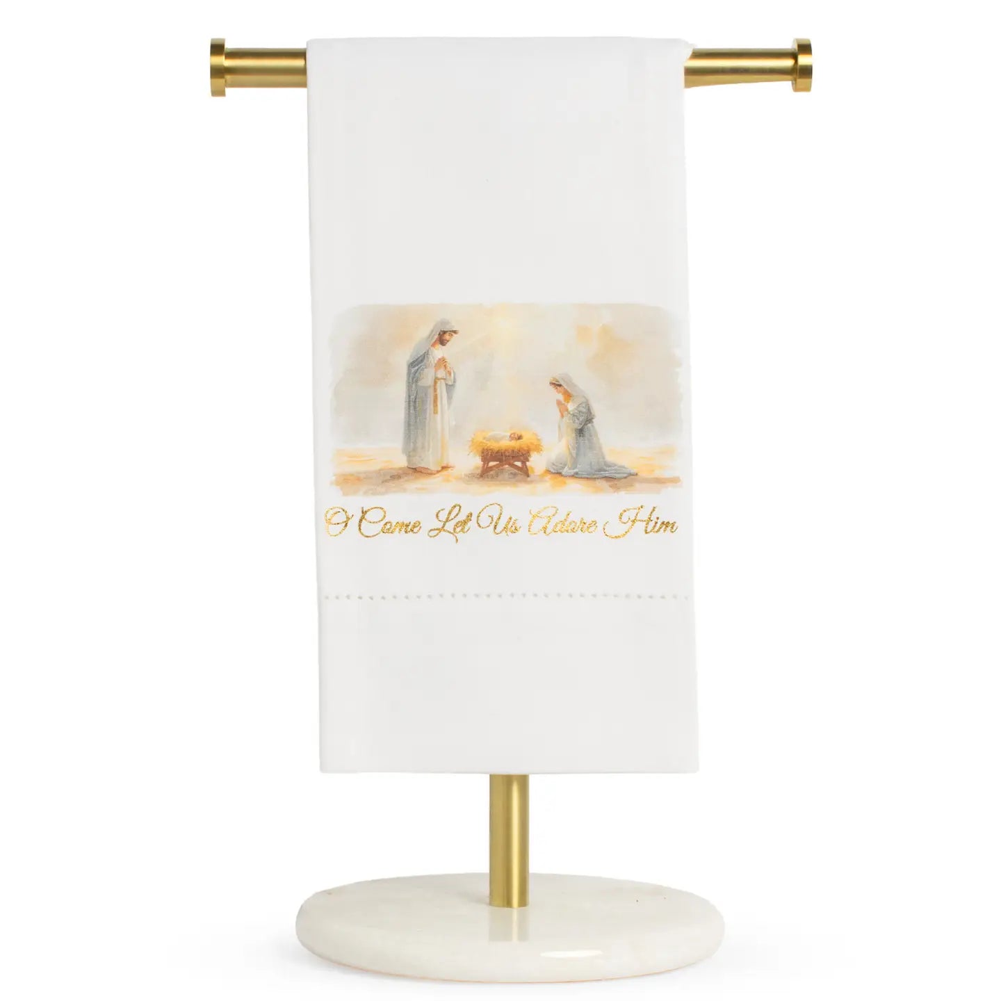 White hemstitched hand towel with multi-color religious print and script, 20x28