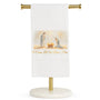 White hemstitched hand towel with multi-color religious print and script, 20x28