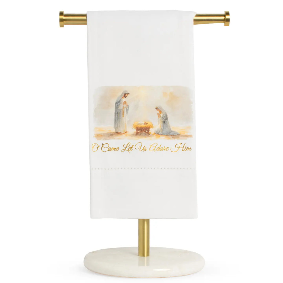 White hemstitched hand towel with multi-color religious print and script, 20x28