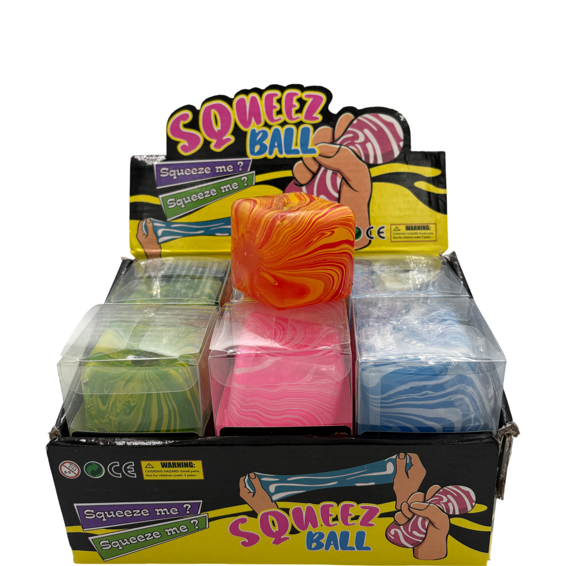 Display of Squeez Ball toys in packaging with colorful balls inside.