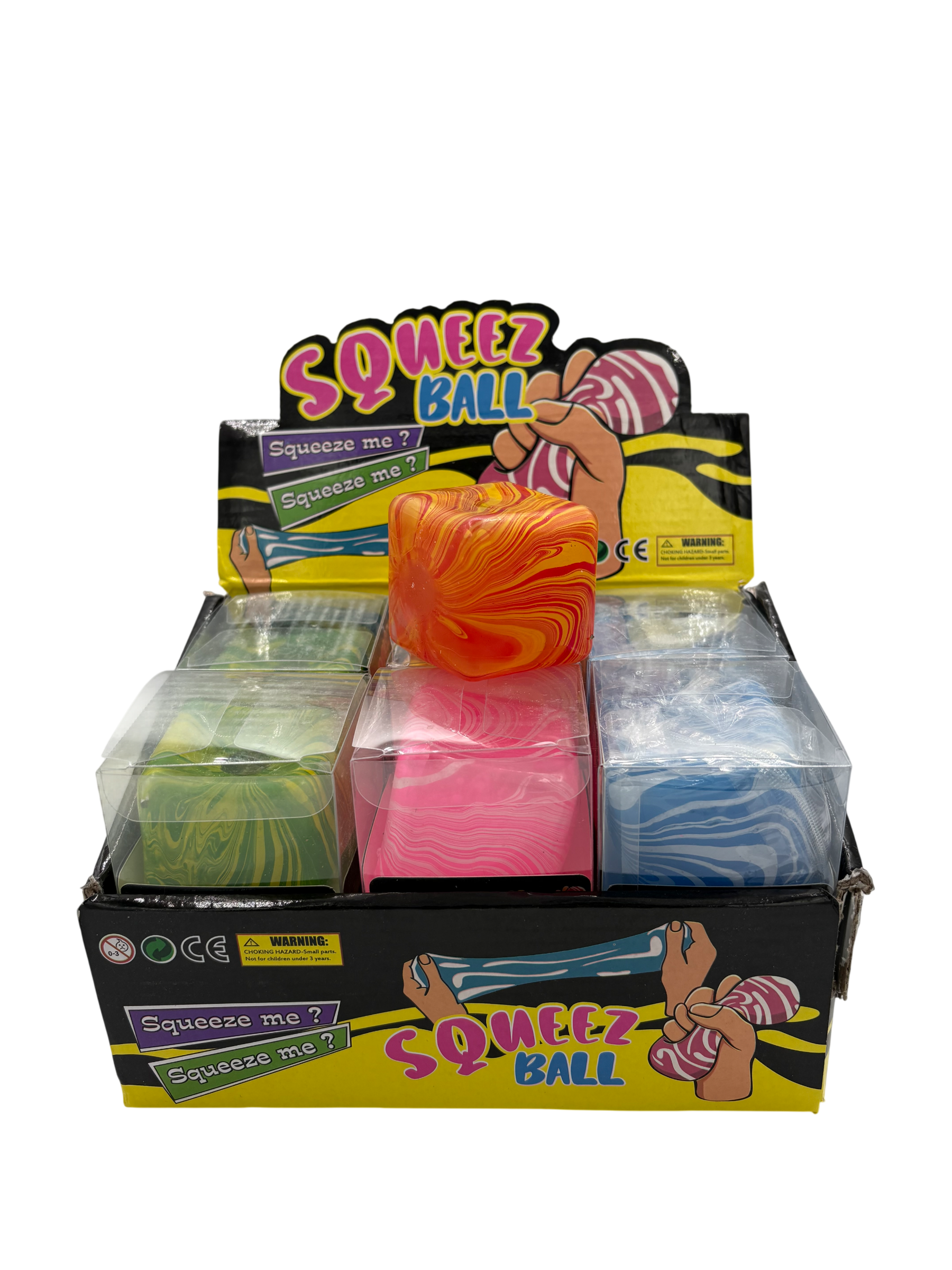 Display of Squeez Ball toys in packaging with colorful balls inside.
