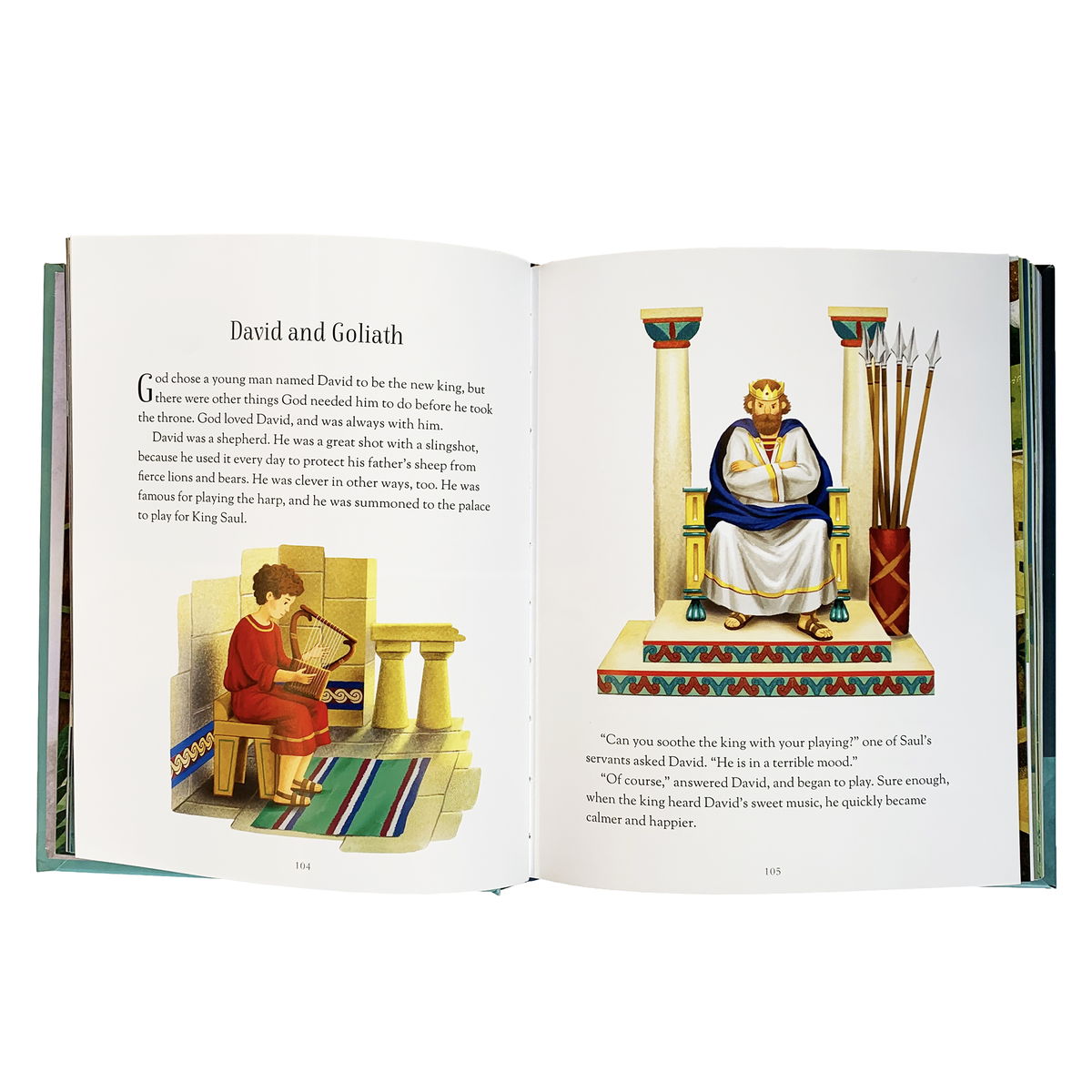 Open book with illustrations of David and Goliath on a white background