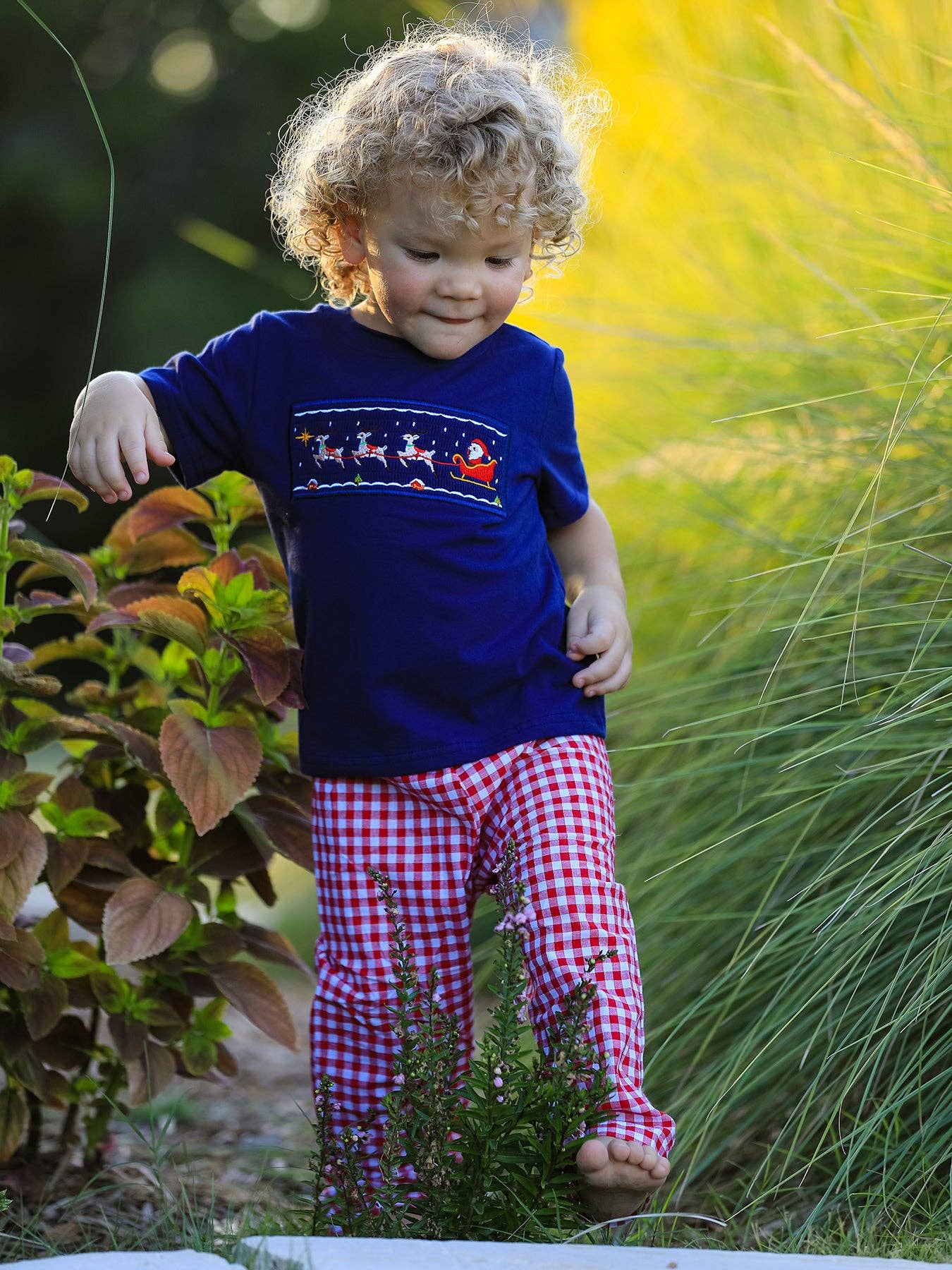 Rylee Faith Designs - Christmas Holiday Celebration Boys Set: Navy with Santa Sleigh