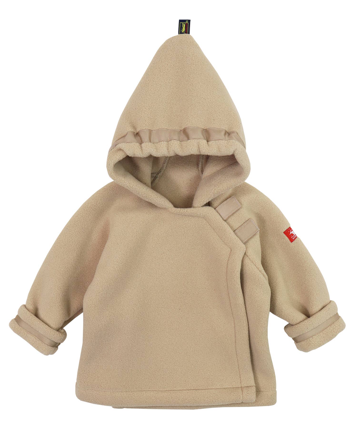 Beige baby hoodie with backpack straps on a white background