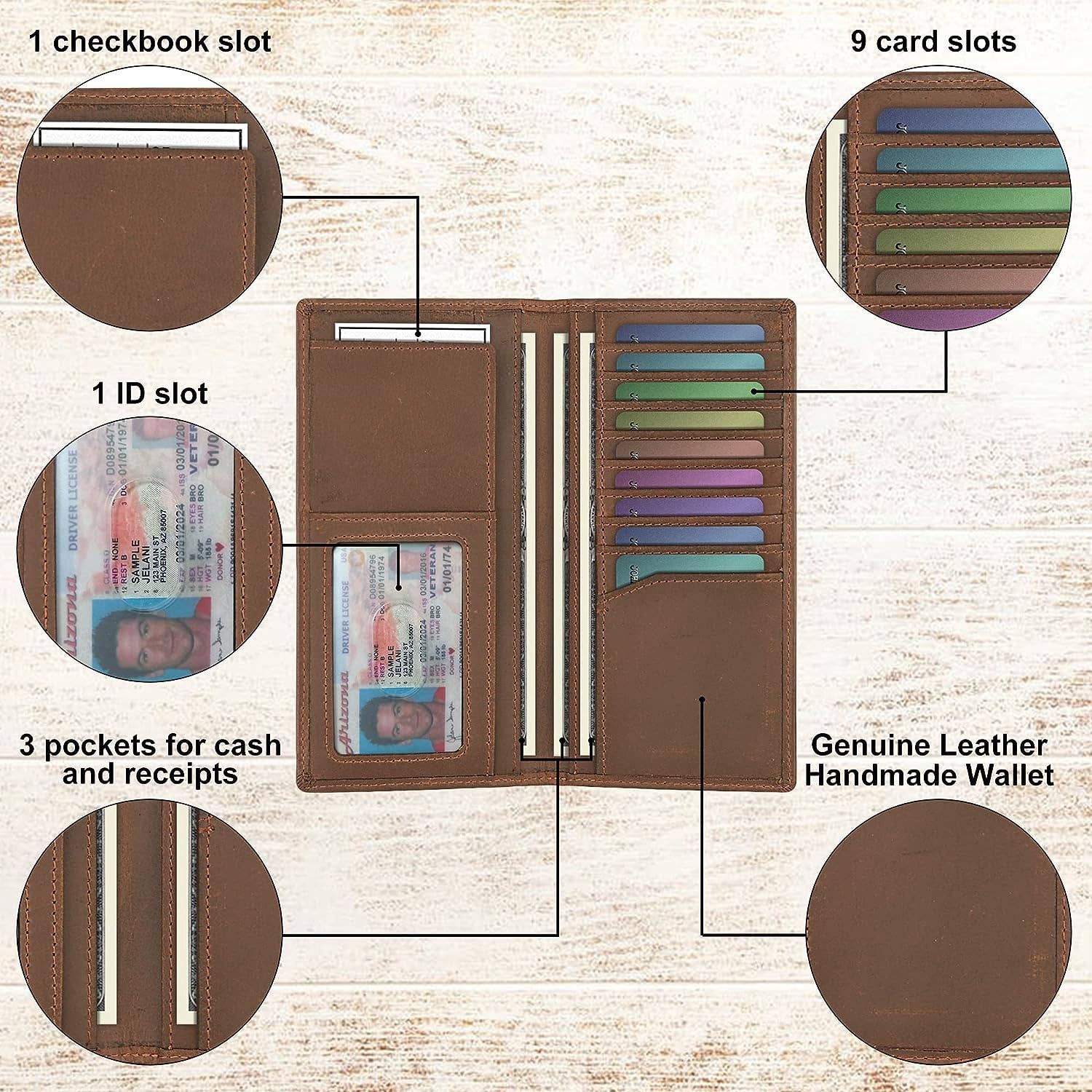 American Leather Goods - Genuine Leather Bifold Wallet Long Wallets for Men Women