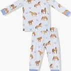 Blue long sleeve loungewear set  with horse design on white background