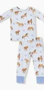 Blue long sleeve loungewear set  with horse design on white background