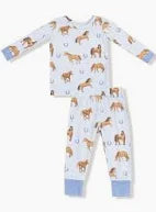 Blue long sleeve loungewear set  with horse design on white background