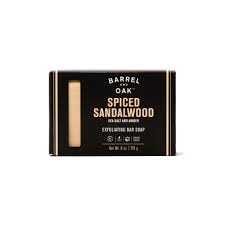 Barrel Oak Spiced Sandalwood soap bar packaging on a white background