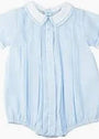 Light blue baby romper with a collar on a white background