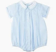 Light blue baby romper with a collar on a white background