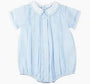 Light blue baby romper with a collar on a white background