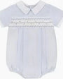 Blue baby romper with short sleeves and a collar on a white background