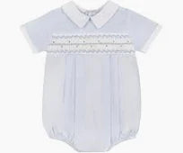 Blue baby romper with short sleeves and a collar on a white background