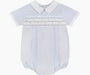 Blue baby romper with short sleeves and a collar on a white background