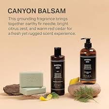 Bath and body products with text about Canyon Balsam fragrance on a beige background