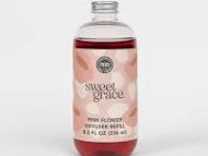 Bottle of Sweet Grace pink flower body wash with a floral design on the label.