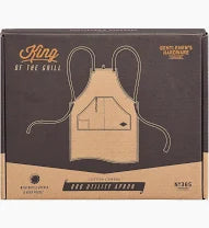 Brown leather apron with 'King of the Grill' branding on a box