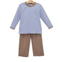 A two-piece children's outfit set on a wooden hanger, featuring a long-sleeve top with fine blue and white horizontal stripes and solid brown trim, paired with solid brown pants.