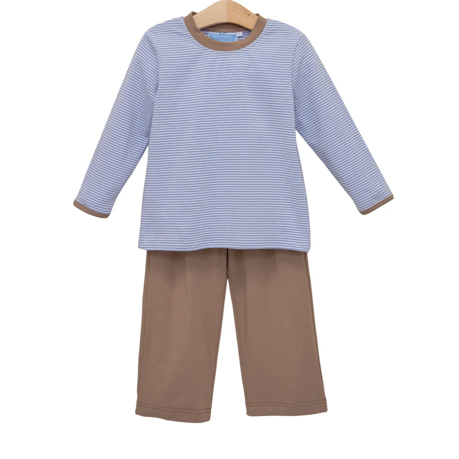 A two-piece children's outfit set on a wooden hanger, featuring a long-sleeve top with fine blue and white horizontal stripes and solid brown trim, paired with solid brown pants.