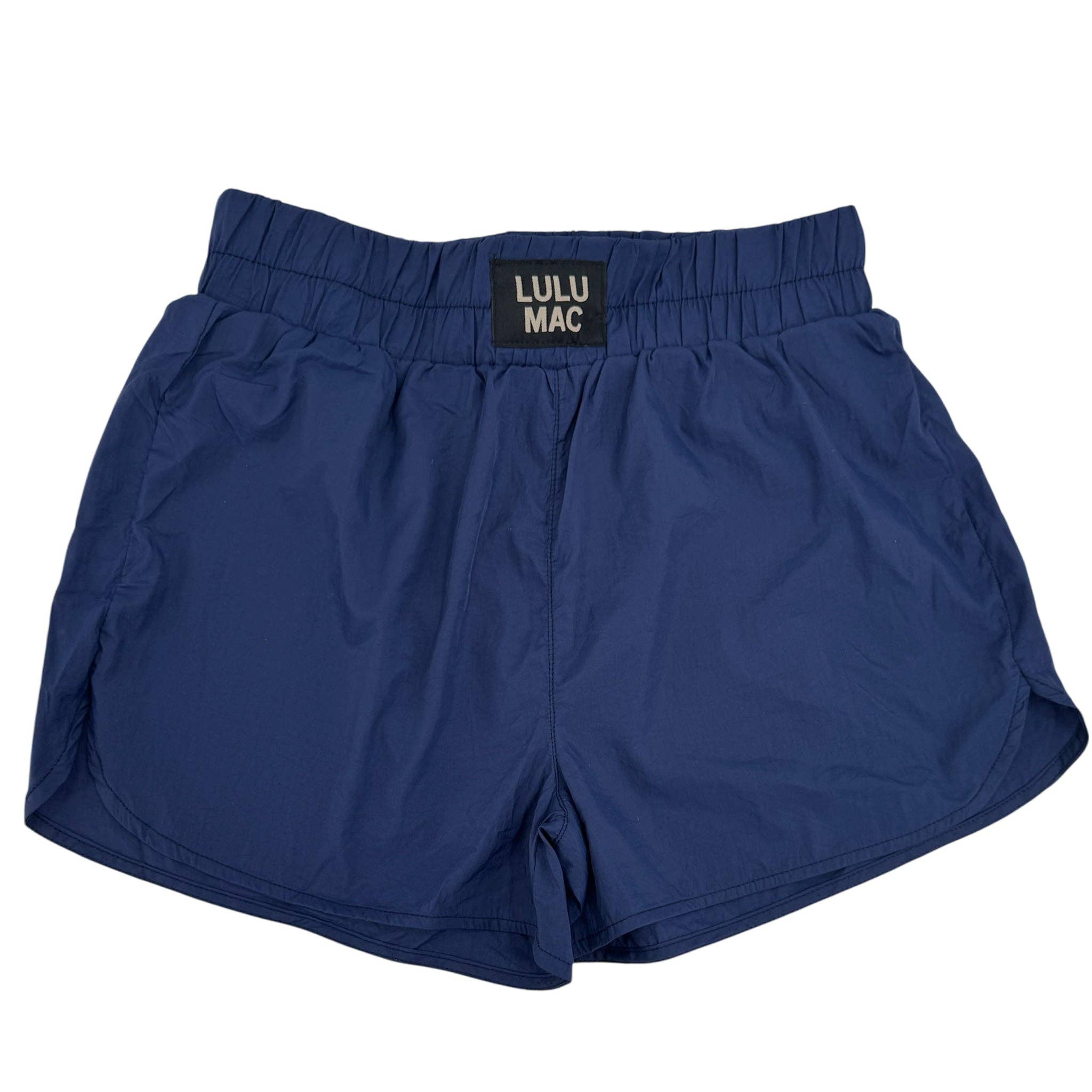 Blue shorts with a Lulu Mac label on a white background