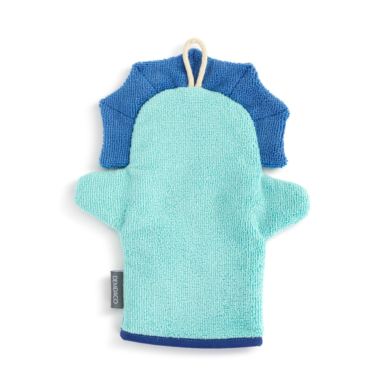 Blue and green mitt with a wooden handle on a white background