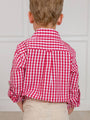 Child wearing a red and white checkered shirt against a plain background