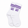 White crew socks with purple stripes and 'LULU MAC' lettering