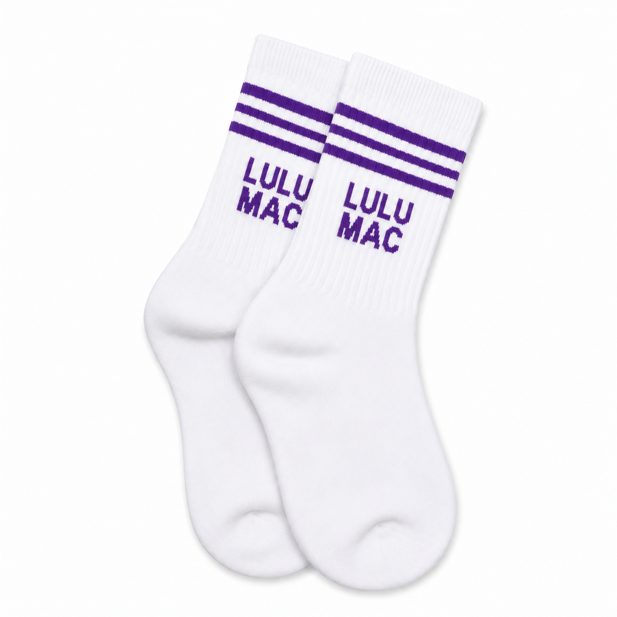 White crew socks with purple stripes and 'LULU MAC' lettering