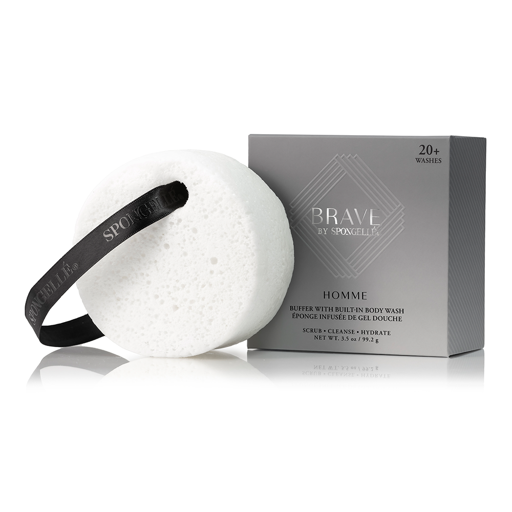 White bath bomb with a black band and packaging labeled 'Brave by Sonwell' on a white background