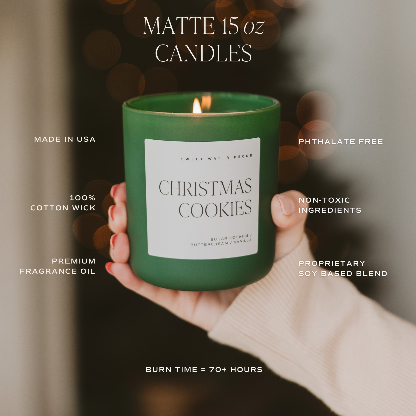 Green candle labeled 'Christmas Cookies' held by a hand with product details overlay.