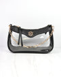 Black handbag with gold chain strap on a white background