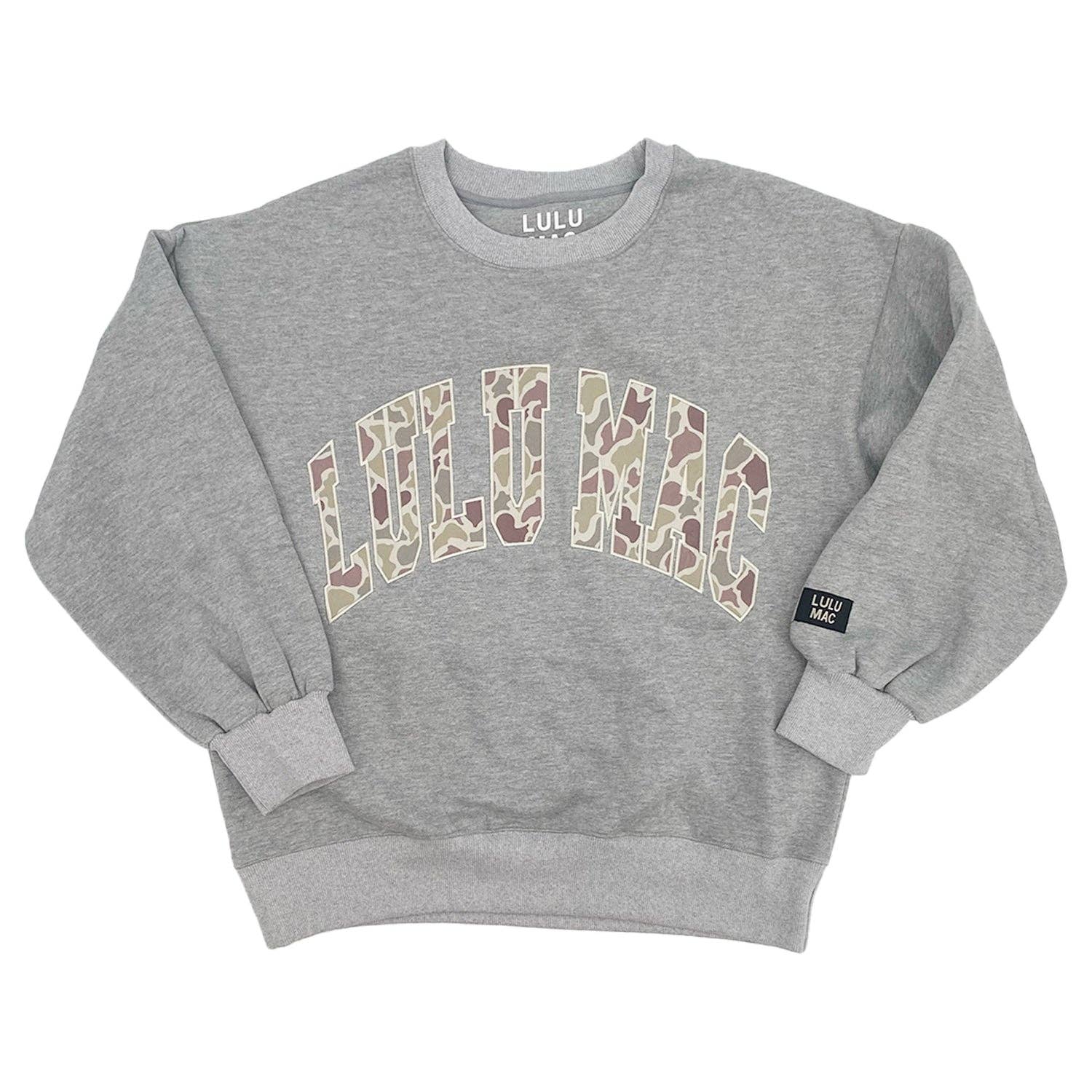 Gray sweatshirt with colorful 'LULU' text on a white background