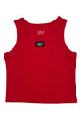 Red tank top with 'LULU MAC' branding on a white background