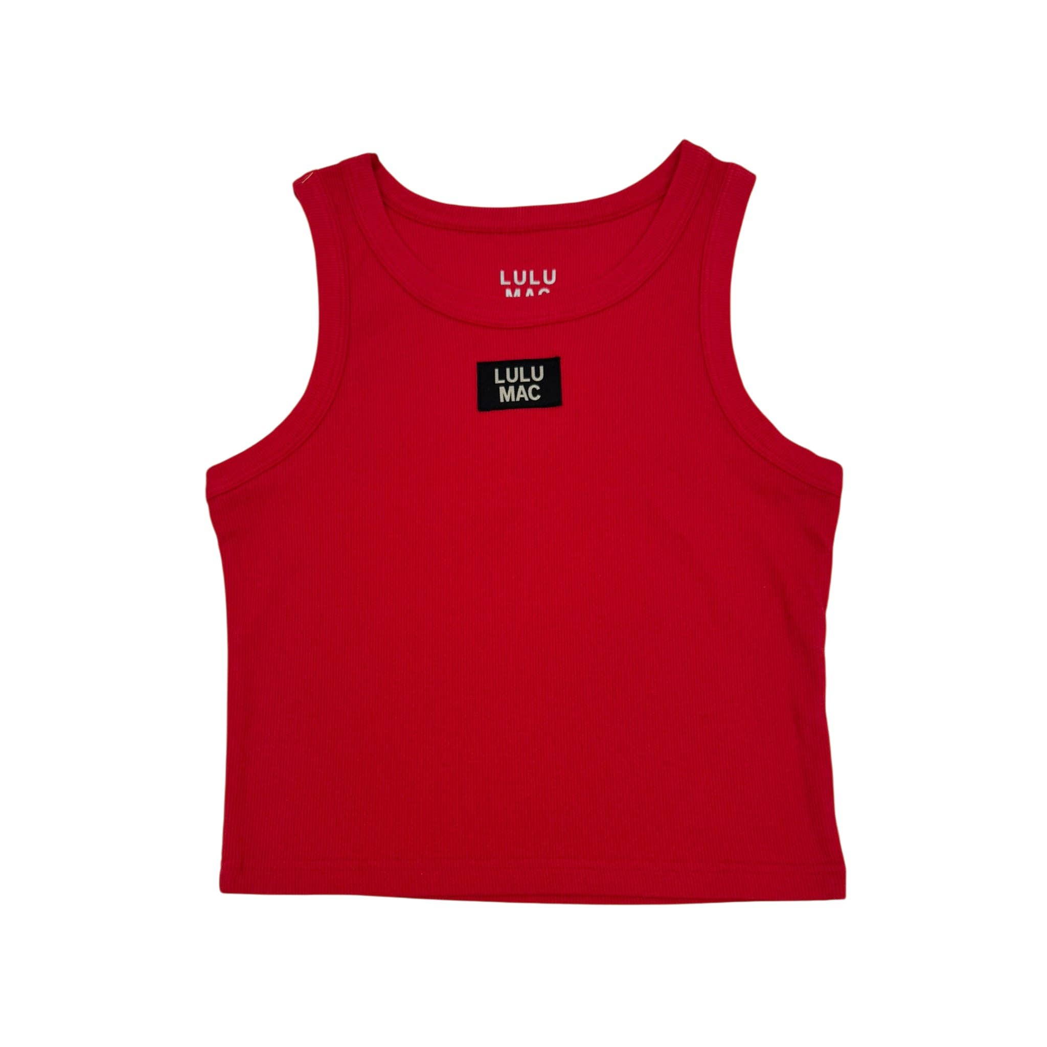 Red tank top with 'LULU MAC' branding on a white background